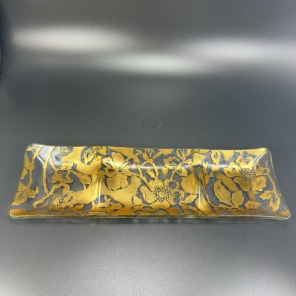 Vintage 3 Part Divided Dish Plate Platter With Heavy Gold Painting Flower Decor - Picture 1 of 12